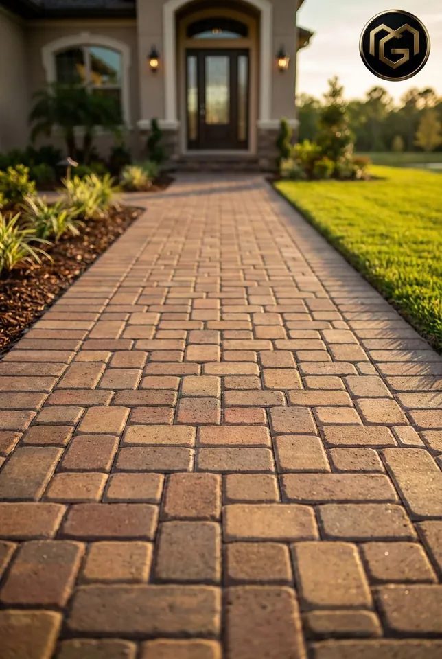 Concept rendering: brick-colored pavers in running bond forming a bordered path to a front door