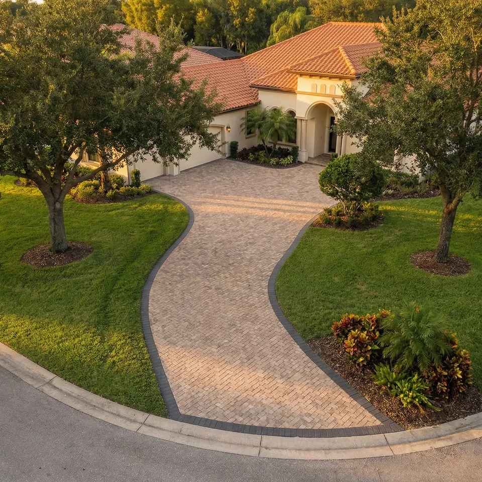 Concept rendering from above: a paver driveway with a dark border sweeping between two oaks