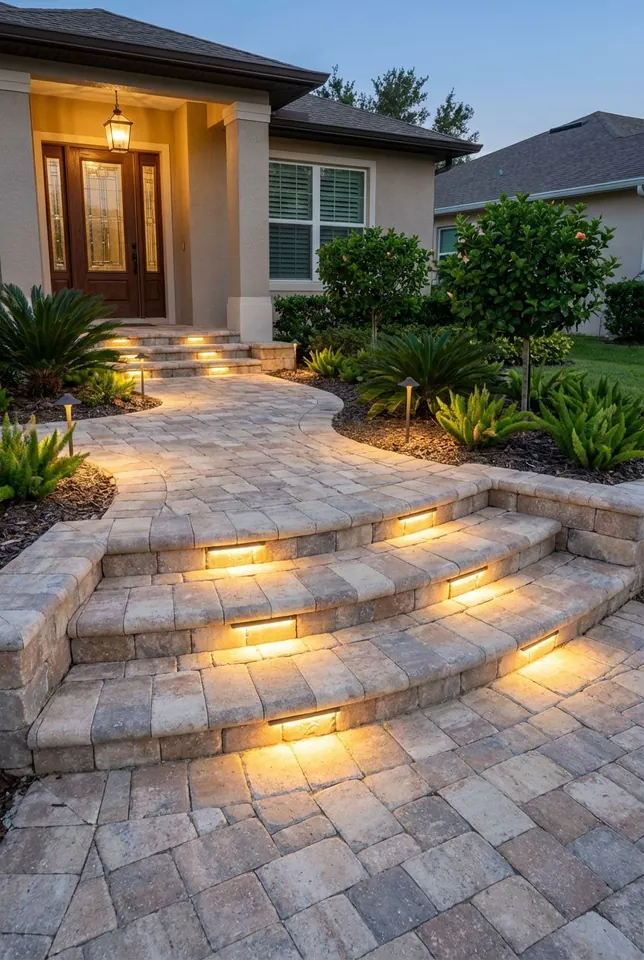 Concept rendering: curved paver steps with lights set into the risers and a winding path beyond