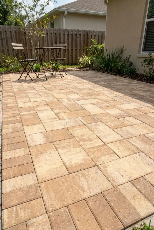 Concept rendering: compact tan paver patio with a two-seat bistro table against a wood privacy fence