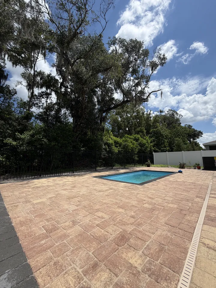 Rectangular pool ringed by tumbled travertine-style pavers and a perimeter drain, oak canopy overhead